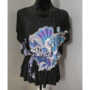 HeartSoul Blouse Womens Large‎ Black Paisley Retro